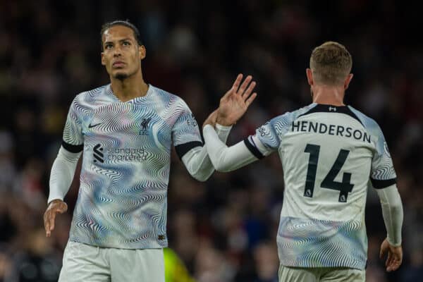 LONDON, ENGLAND - Sunday, October 9, 2022: Liverpool's Virgil van Dijk (L) and captain Jordan Henderson after the FA Premier League match between Arsenal FC and Liverpool FC at the Emirates Stadium. (Pic by David Rawcliffe/Propaganda)