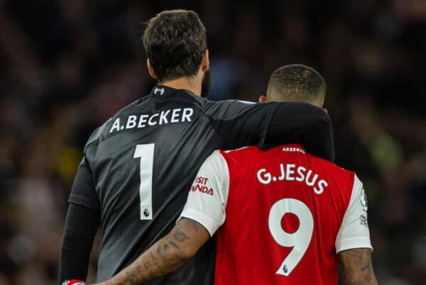 LONDON, ENGLAND - Sunday, October 9, 2022: Liverpool's goalkeeper Alisson Becker (L) and Arsenal's Gabriel Jesus (R) after the FA Premier League match between Arsenal FC and Liverpool FC at the Emirates Stadium. (Pic by David Rawcliffe/Propaganda)