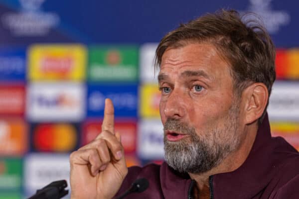 GLASGOW, SCOTLAND - Tuesday, October 11, 2022: Liverpool's manager Jürgen Klopp during a press conference at Ibrox Stadium ahead of the UEFA Champions League Group A matchday 4 game between Glasgow Rangers FC and Liverpool FC. (Pic by David Rawcliffe/Propaganda)