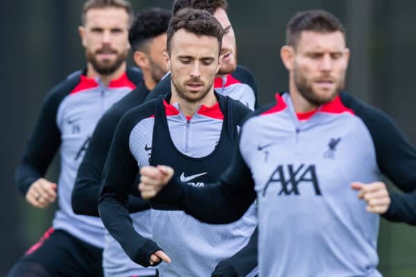 LIVERPOOL, ENGLAND - Tuesday, October 11, 2022: Liverpool's Diogo Jota (C) during a training session at the AXA Training Centre ahead of the UEFA Champions League Group A matchday 4 game between Glasgow Rangers FC and Liverpool FC. (Pic by Jessica Hornby/Propaganda)