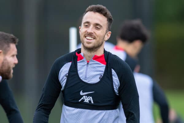 LIVERPOOL, ENGLAND - Tuesday, October 11, 2022: Liverpool's Diogo Jota during a training session at the AXA Training Centre ahead of the UEFA Champions League Group A matchday 4 game between Glasgow Rangers FC and Liverpool FC. (Pic by Jessica Hornby/Propaganda)