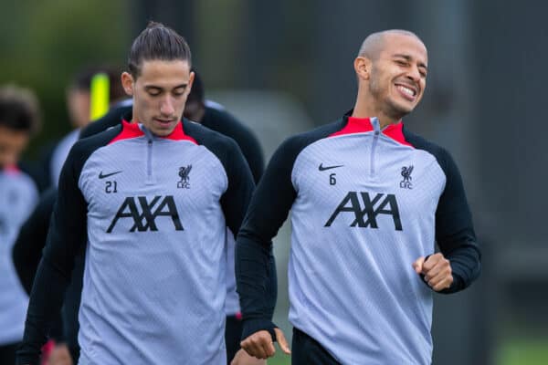 LIVERPOOL, ENGLAND - Tuesday, October 11, 2022: Liverpool's Kostas Tsimikas (L) and Thiago Alcântara during a training session at the AXA Training Centre ahead of the UEFA Champions League Group A matchday 4 game between Glasgow Rangers FC and Liverpool FC. (Pic by Jessica Hornby/Propaganda)