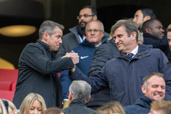 LIVERPOOL, ENGLAND - Sunday, October 16, 2022: Liverpool's Chief Executive Officer Billy Hogan (L) shakes hands with Manchester City's Chief Executive Officer Ferran Soriano during the FA Premier League match between Liverpool FC and Manchester City FC at Anfield. Liverpool won 1-0. (Pic by David Rawcliffe/Propaganda)