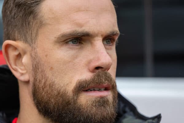 LIVERPOOL, ENGLAND - Sunday, October 16, 2022: Liverpool's substitute Jordan Henderson on the bench before the FA Premier League match between Liverpool FC and Manchester City FC at Anfield. Liverpool won 1-0. (Pic by David Rawcliffe/Propaganda)