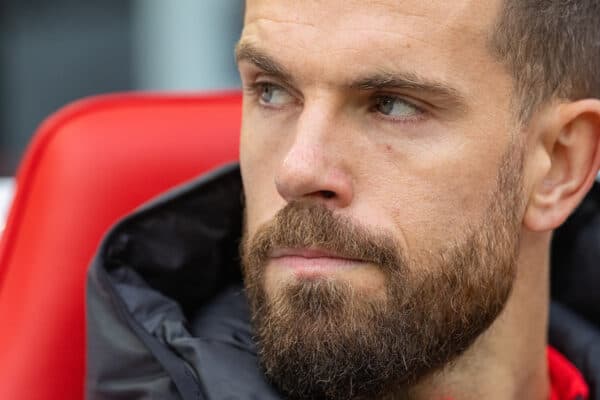 LIVERPOOL, ENGLAND - Sunday, October 16, 2022: Liverpool's substitute Jordan Henderson on the bench before the FA Premier League match between Liverpool FC and Manchester City FC at Anfield. Liverpool won 1-0. (Pic by David Rawcliffe/Propaganda)