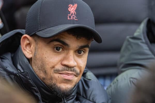 LIVERPOOL, ENGLAND - Sunday, October 16, 2022: Liverpool's injured Luis Díaz before the FA Premier League match between Liverpool FC and Manchester City FC at Anfield. Liverpool won 1-0. (Pic by David Rawcliffe/Propaganda)