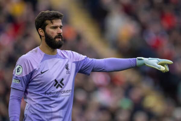 LIVERPOOL, ENGLAND - Sunday, October 16, 2022: Liverpool's goalkeeper Alisson Becker during the FA Premier League match between Liverpool FC and Manchester City FC at Anfield. Liverpool won 1-0. (Pic by David Rawcliffe/Propaganda)