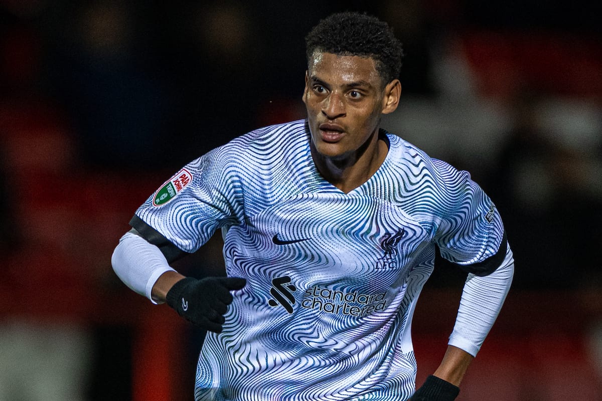 ACCRINGTON, ENGLAND - Tuesday, October 18, 2022: Liverpool's Melkamu Frauendorf during the English Football League Trophy Northern Group D match between Accrington Stanley FC and Liverpool FC Under-21's at the Crown Ground. Accrington won 3-2. (Pic by David Rawcliffe/Propaganda)