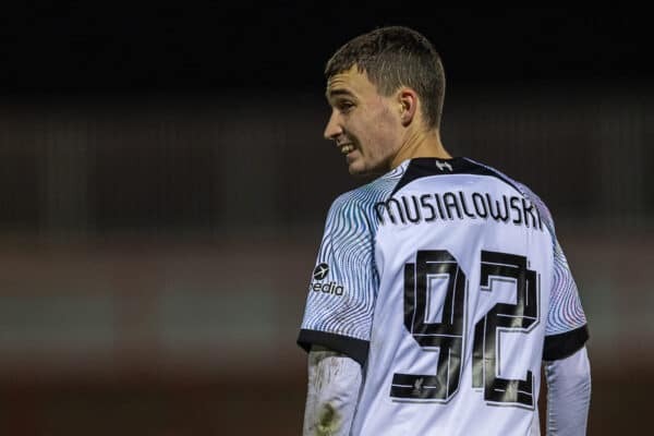 ACCRINGTON, ENGLAND - Tuesday, October 18, 2022: Liverpool's Mateusz Musialowski during the English Football League Trophy Northern Group D match between Accrington Stanley FC and Liverpool FC Under-21's at the Crown Ground. Accrington won 3-2. (Pic by David Rawcliffe/Propaganda)