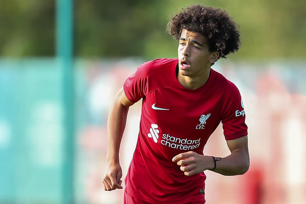 KIRKBY, ENGLAND - Saturday, October 22, 2022: Liverpool's Jayden Danns during the Under-18 Premier League match between Liverpool FC Under-18's and Stoke City FC Under-18's at the Liverpool Academy. (Pic by Jessica Hornby/Propaganda)