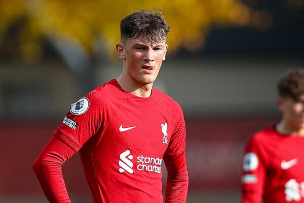 KIRKBY, ENGLAND - Saturday, October 22, 2022: Liverpool's Calvin Ramsay during the Premier League 2 Division 1 match between Liverpool FC Under-21's and Everton FC Under-21's, the Mini Merseyside Derby, at the Liverpool Academy. Liverpool won 2-1. (Pic by Jessica Hornby/Propaganda)