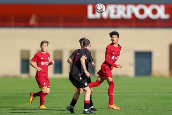 KIRKBY, ENGLAND - Saturday, October 22, 2022: Liverpool's Trent Kone-Doherty heads the ball away during the Under-18 Premier League match between Liverpool FC Under-18's and Stoke City FC Under-18's at the Liverpool Academy. (Pic by Jessica Hornby/Propaganda)