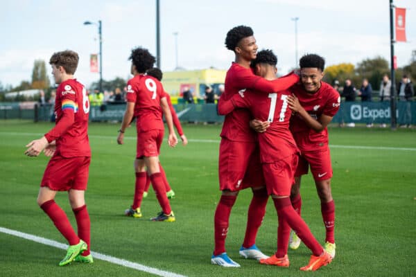 KIRKBY, ENGLAND - Saturday, October 22, 2022: Liverpool's Trent Kone-Doherty celebrates scoring his sides third goal with team-mates Kerron Samuels (C) and Kyle Kelly (R) during the Under-18 Premier League match between Liverpool FC Under-18's and Stoke City FC Under-18's at the Liverpool Academy. (Pic by Jessica Hornby/Propaganda)