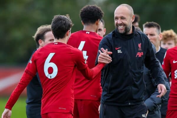 KIRKBY, ENGLAND - Saturday, October 22, 2022: Liverpool's U21's Head Coach Barry Lewtas celebrates after winning the Premier League 2 Division 1 match between Liverpool FC Under-21's and Everton FC Under-21's, the Mini Merseyside Derby, at the Liverpool Academy. Liverpool won 2-1. (Pic by Jessica Hornby/Propaganda)