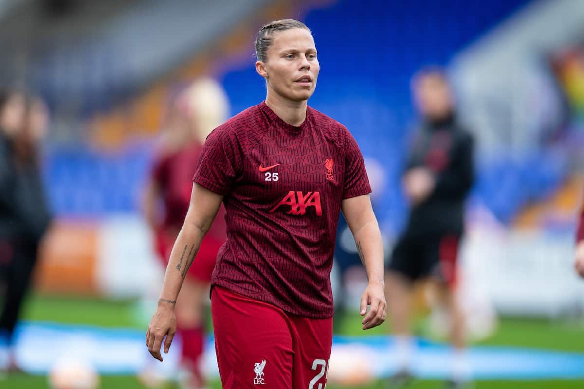 BIRKENHEAD, ENGLAND - Sunday, October 23, 2022: Liverpool's Gilly Flaherty during the pre-match warm-up before the FA Women’s Super League game between Liverpool FC Women and Arsenal FC Women at Prenton Park. Arsenal won 2-0. (Pic by Jessica Hornby/Propaganda)