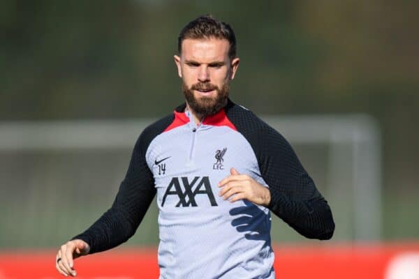 LIVERPOOL, ENGLAND - Tuesday, October 25, 2022: Liverpool's captain Jordan Henderson during a training session at the AXA Training Centre ahead of the UEFA Champions League Group A matchday 5 game between AFC Ajax and Liverpool FC. (Pic by Jessica Hornby/Propaganda