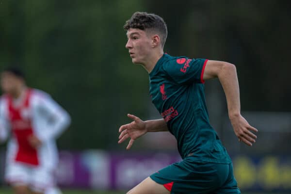 AMSTERDAM, THE NETHERLANDS - Wednesday, October 26, 2022: Liverpool's Lewis Koumas during the UEFA Youth League Group A Matchday 5 game between AFC Ajax Under-19's and Liverpool FC Under-19's at Sportpark De Toekomst. Ajax won 3-1. (Pic by David Rawcliffe/Propaganda)