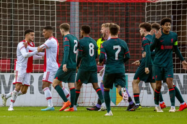 AMSTERDAM, THE NETHERLANDS - Wednesday, October 26, 2022: AFC Ajax's Oualid Agougil (L) is held back by a team-mate during the UEFA Youth League Group A Matchday 5 game between AFC Ajax Under-19's and Liverpool FC Under-19's at Sportpark De Toekomst. Ajax won 3-1. (Pic by David Rawcliffe/Propaganda)