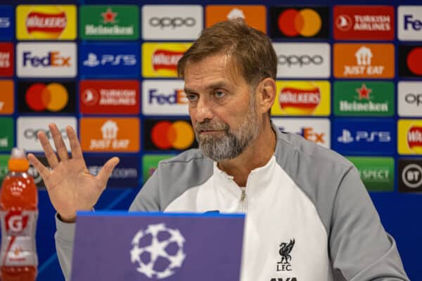 LIVERPOOL, ENGLAND - Monday, October 31, 2022: Liverpool's manager Jürgen Klopp during a press conference at Anfield ahead of the UEFA Champions League Group A matchday 6 game between Liverpool FC and SSC Napoli. (Pic by David Rawcliffe/Propaganda)