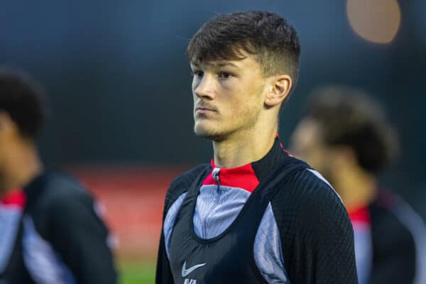 LIVERPOOL, ENGLAND - Monday, October 31, 2022: Liverpool's Calvin Ramsay during a training session at the AXA Training Centre ahead of the UEFA Champions League Group A matchday 6 game between Liverpool FC and SSC Napoli. (Pic by David Rawcliffe/Propaganda)