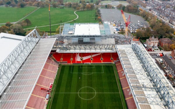 LIVERPOOL, ENGLAND - Monday, November 14, 2022: An aerial view of Anfield, the home stadium of Liverpool Football Club. The image shows  the ongoing construction of the new Anfield Road stand. (Pic by David Rawcliffe/Propaganda)