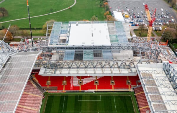 LIVERPOOL, ENGLAND - Monday, November 14, 2022: An aerial view of Anfield, the home stadium of Liverpool Football Club. The image shows the ongoing construction of the new Anfield Road stand. (Pic by David Rawcliffe/Propaganda)