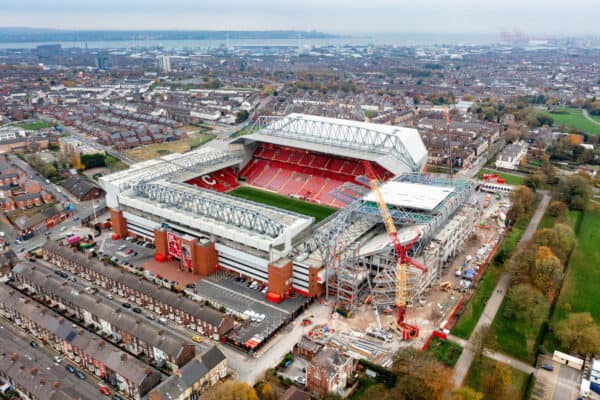 LIVERPOOL, ENGLAND - Monday, November 14, 2022: An aerial view of Anfield, the home stadium of Liverpool Football Club. The image shows  the ongoing construction of the new Anfield Road stand. (Pic by David Rawcliffe/Propaganda)