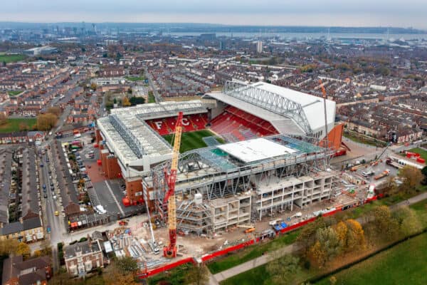 LIVERPOOL, ENGLAND - Monday, November 14, 2022: An aerial view of Anfield, the home stadium of Liverpool Football Club. The image shows  the ongoing construction of the new Anfield Road stand. (Pic by David Rawcliffe/Propaganda)