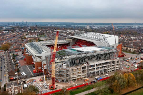 LIVERPOOL, ENGLAND - Monday, November 14, 2022: An aerial view of Anfield, the home stadium of Liverpool Football Club. The image shows  the ongoing construction of the new Anfield Road stand. (Pic by David Rawcliffe/Propaganda)