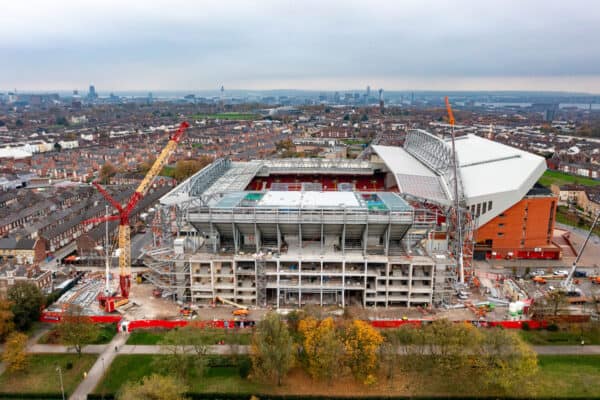 LIVERPOOL, ENGLAND - Monday, November 14, 2022: An aerial view of Anfield, the home stadium of Liverpool Football Club. The image shows  the ongoing construction of the new Anfield Road stand. (Pic by David Rawcliffe/Propaganda)