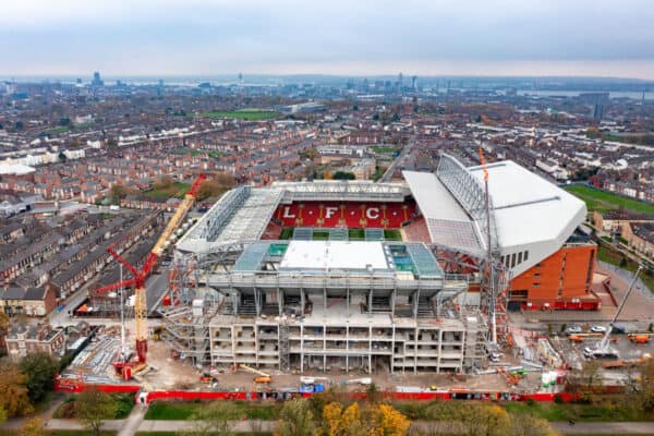 LIVERPOOL, ENGLAND - Monday, November 14, 2022: An aerial view of Anfield, the home stadium of Liverpool Football Club. The image shows  the ongoing construction of the new Anfield Road stand. (Pic by David Rawcliffe/Propaganda)