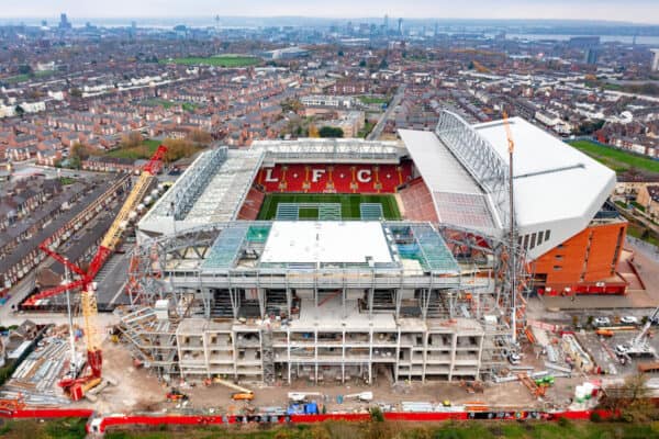 LIVERPOOL, ENGLAND - Monday, November 14, 2022: An aerial view of Anfield, the home stadium of Liverpool Football Club. The image shows  the ongoing construction of the new Anfield Road stand. (Pic by David Rawcliffe/Propaganda)