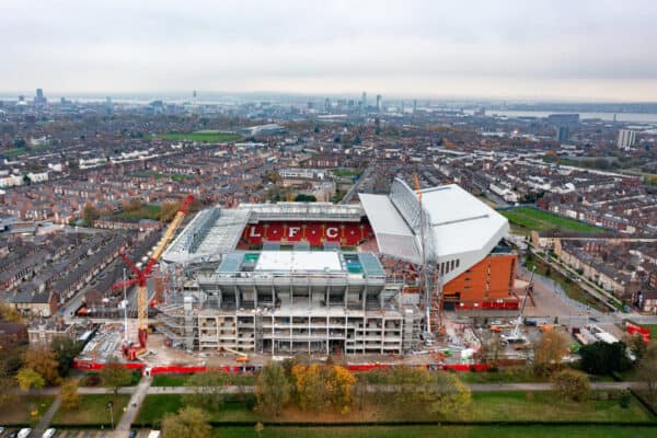 LIVERPOOL, ENGLAND - Monday, November 14, 2022: An aerial view of Anfield, the home stadium of Liverpool Football Club. The image shows  the ongoing construction of the new Anfield Road stand. (Pic by David Rawcliffe/Propaganda)