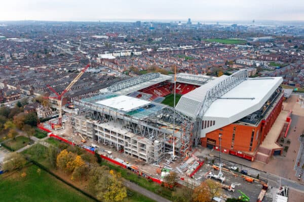 LIVERPOOL, ENGLAND - Monday, November 14, 2022: An aerial view of Anfield, the home stadium of Liverpool Football Club. The image shows  the ongoing construction of the new Anfield Road stand. (Pic by David Rawcliffe/Propaganda)