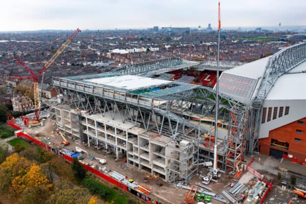 LIVERPOOL, ENGLAND - Monday, November 14, 2022: An aerial view of Anfield, the home stadium of Liverpool Football Club. The image shows  the ongoing construction of the new Anfield Road stand. (Pic by David Rawcliffe/Propaganda)