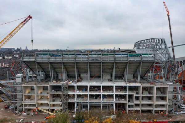 LIVERPOOL, ENGLAND - Monday, November 14, 2022: An aerial view of Anfield, the home stadium of Liverpool Football Club. The image shows  the ongoing construction of the new Anfield Road stand. (Pic by David Rawcliffe/Propaganda)