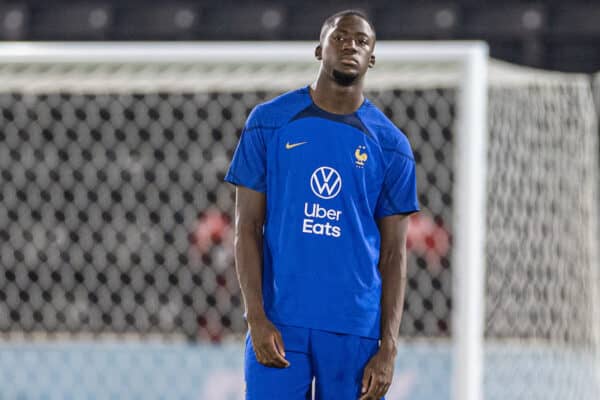 DOHA, QATAR - Saturday, November 19, 2022: France's Ibrahima Konaté during an open training session at the Al Sadd Sports Club Stadium as the team prepare for their opening group game during the FIFA World Cup Qatar 2022. (Pic by David Rawcliffe/Propaganda)