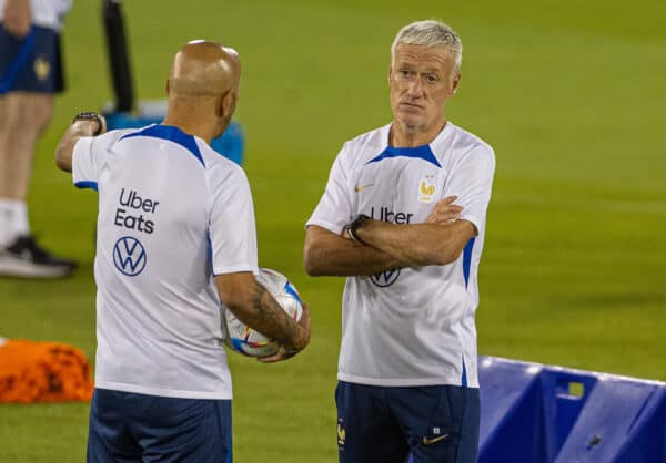 DOHA, QATAR - Saturday, November 19, 2022: France's head coach Didier Deschamps (R) during an open training session at the Al Sadd Sports Club Stadium as the team prepare for their opening group game during the FIFA World Cup Qatar 2022. (Pic by David Rawcliffe/Propaganda)