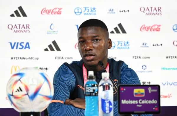 DOHA, QATAR - NOVEMBER 19: Moises Caicedo of Ecuador talks with the media during the Ecuador Press Conference at on November 19, 2022 in Doha, Qatar. (Photo by Stuart Franklin/FIFA)