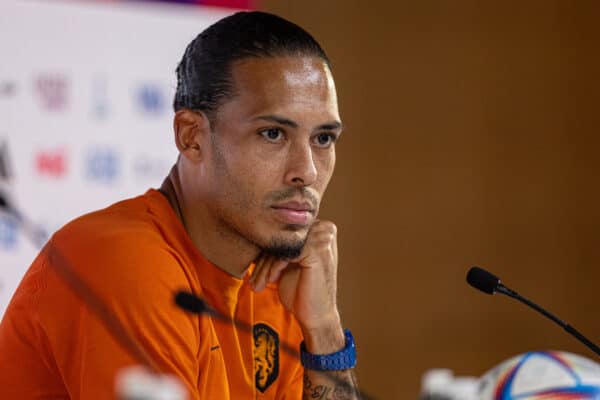 DOHA, QATAR - Sunday, November 20, 2022: Netherlands and Liverpool defender Virgil van Dijk (R) during a press conference at the Qatar National Convention Center ahead of the opening Group A game between Senegal and Netherlands during the FIFA World Cup Qatar 2022. (Pic by David Rawcliffe/Propaganda)