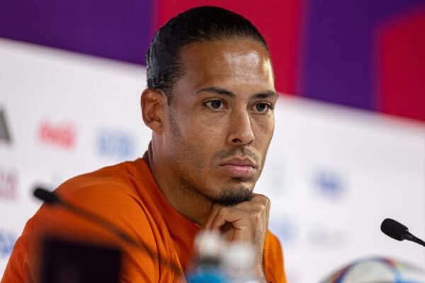 DOHA, QATAR - Sunday, November 20, 2022: Netherlands and Liverpool defender Virgil van Dijk (R) during a press conference at the Qatar National Convention Center ahead of the opening Group A game between Senegal and Netherlands during the FIFA World Cup Qatar 2022. (Pic by David Rawcliffe/Propaganda)