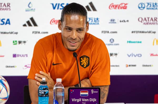 DOHA, QATAR - Sunday, November 20, 2022: Netherlands and Liverpool defender Virgil van Dijk (R) during a press conference at the Qatar National Convention Center ahead of the opening Group A game between Senegal and Netherlands during the FIFA World Cup Qatar 2022. (Pic by David Rawcliffe/Propaganda)