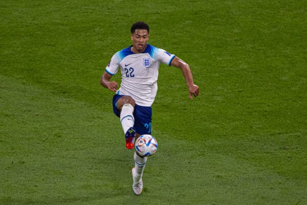 DOHA, QATAR - Monday, November 21, 2022: England's Jude Bellingham during the FIFA World Cup Qatar 2022 Group B match between England and Iran at the Khalifa International Stadium. England won 6-2. (Pic by David Rawcliffe/Propaganda)