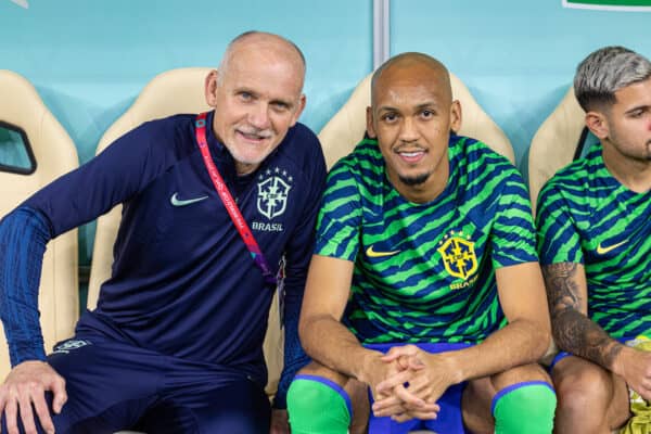 DOHA, QATAR - Thursday, November 24, 2022: Liverpool's Fábio Henrique Tavares 'Fabinho' (R) and goalkeeper coach Claudio Tafferal (L) during the FIFA World Cup Qatar 2022 Group G match between Brazil and Serbia at the Lusail Stadium. (Pic by David Rawcliffe/Propaganda)