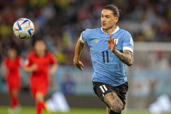 DOHA, QATAR - Thursday, November 24, 2022: Uruguay's Darwin Núñez during the FIFA World Cup Qatar 2022 Group H match between Uruguay and South Korea at the Education City Stadium. The game ended in a goal-less draw. (Pic by David Rawcliffe/Propaganda)