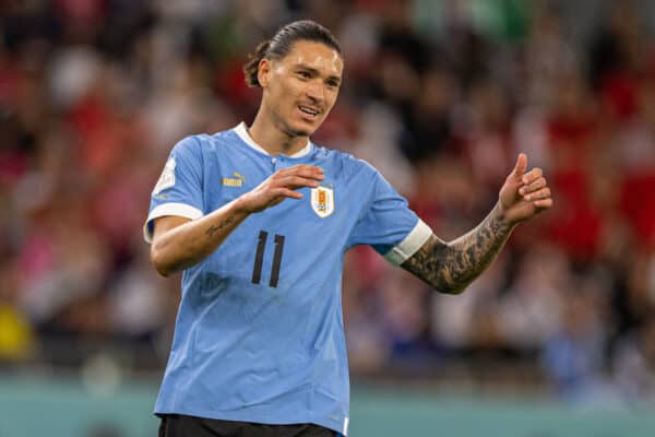 DOHA, QATAR - Thursday, November 24, 2022: Uruguay's Darwin Núñez during the FIFA World Cup Qatar 2022 Group H match between Uruguay and South Korea at the Education City Stadium. The game ended in a goal-less draw. (Pic by David Rawcliffe/Propaganda)