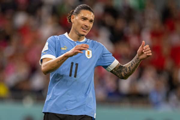 DOHA, QATAR - Thursday, November 24, 2022: Uruguay's Darwin Núñez during the FIFA World Cup Qatar 2022 Group H match between Uruguay and South Korea at the Education City Stadium. The game ended in a goal-less draw. (Pic by David Rawcliffe/Propaganda)