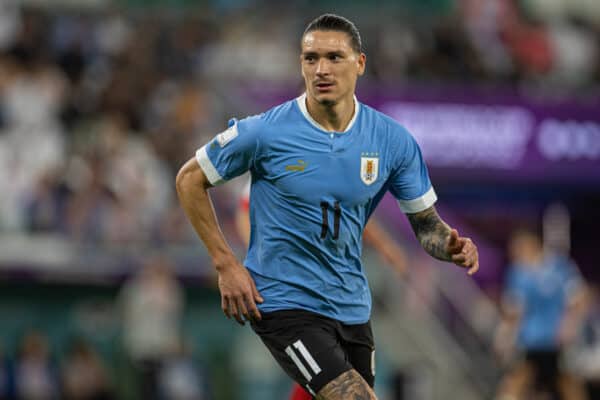 DOHA, QATAR - Thursday, November 24, 2022: Uruguay's Darwin Núñez during the FIFA World Cup Qatar 2022 Group H match between Uruguay and South Korea at the Education City Stadium. The game ended in a goal-less draw. (Pic by David Rawcliffe/Propaganda)