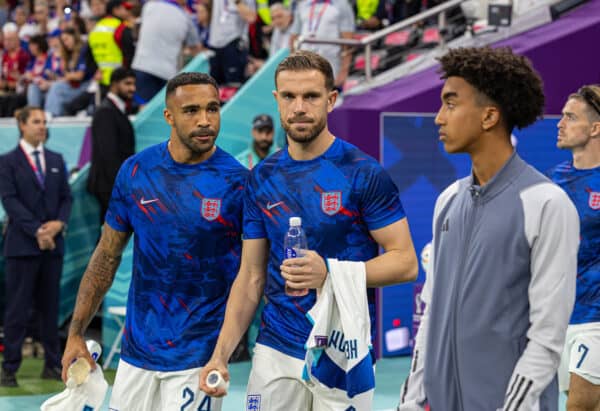 DOHA, QATAR - Friday, November 25, 2022: Liverpool's Jordan Henderson (R) and England team-mate Callum Wilson during the FIFA World Cup Qatar 2022 Group B match between England and USA at the Al Bayt Stadium. The game ended in a goal-less draw. (Pic by David Rawcliffe/Propaganda)