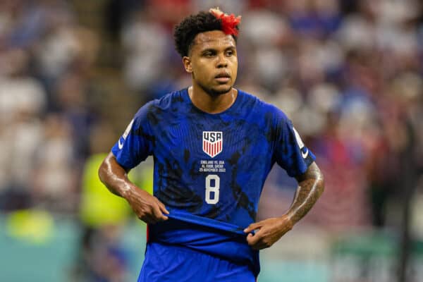 DOHA, QATAR - Friday, November 25, 2022: USA's Weston McKennie during the FIFA World Cup Qatar 2022 Group B match between England and USA at the Al Bayt Stadium. The game ended in a goal-less draw. (Pic by David Rawcliffe/Propaganda)